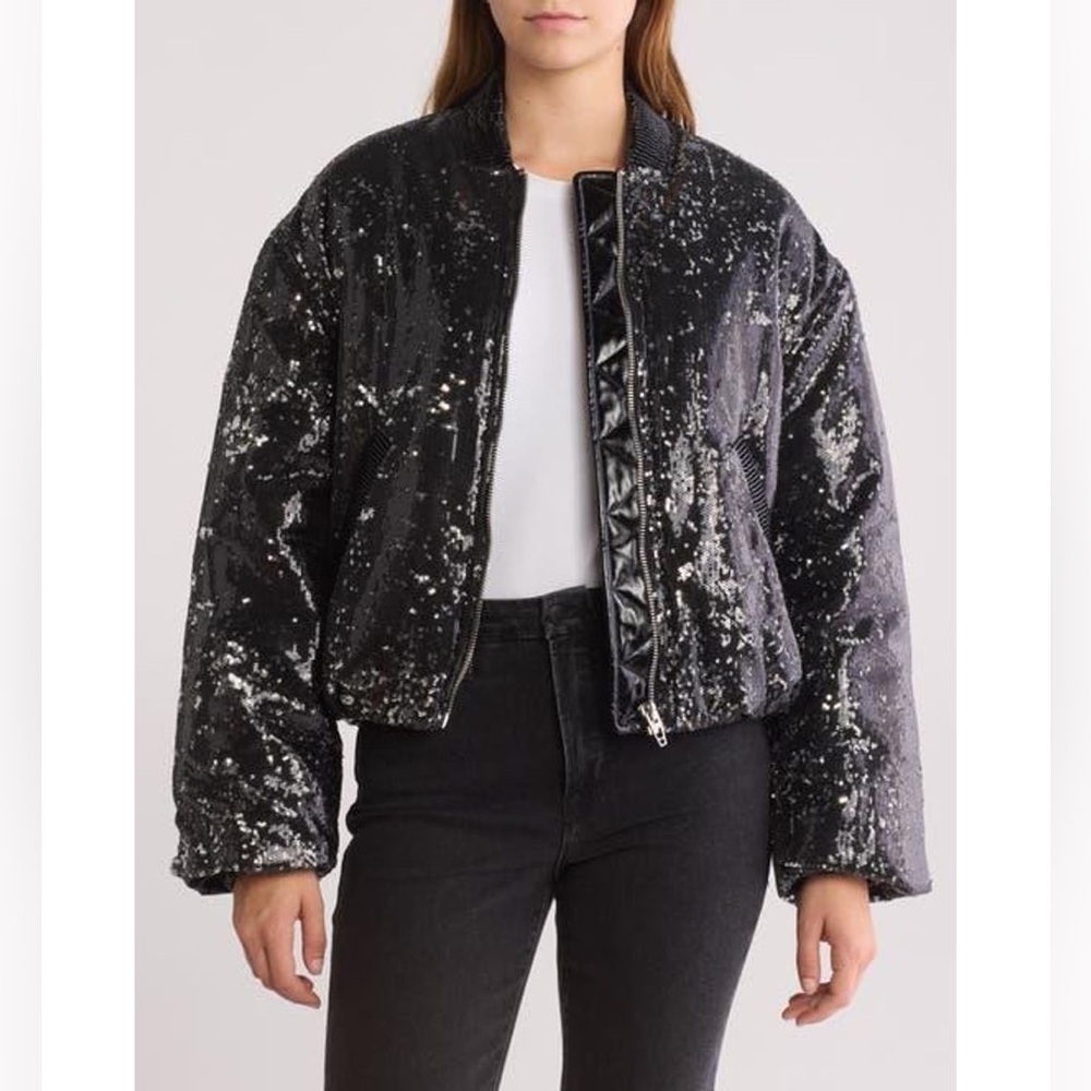 NWT Blank NYC Black Sequin Bomber Jacket Sparkle Sz S